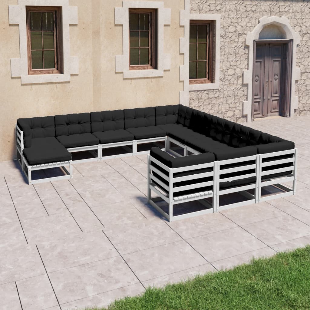 12-tlg. Garten-Lounge-Set mit Kissen Weiss Kiefer Massivholz